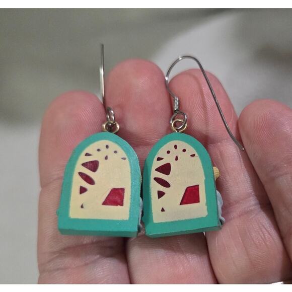 Vtg Figural 3D Teddy Bear Earrings Hook Wire Stain Glass Candle Pajama - Picture 5 of 7